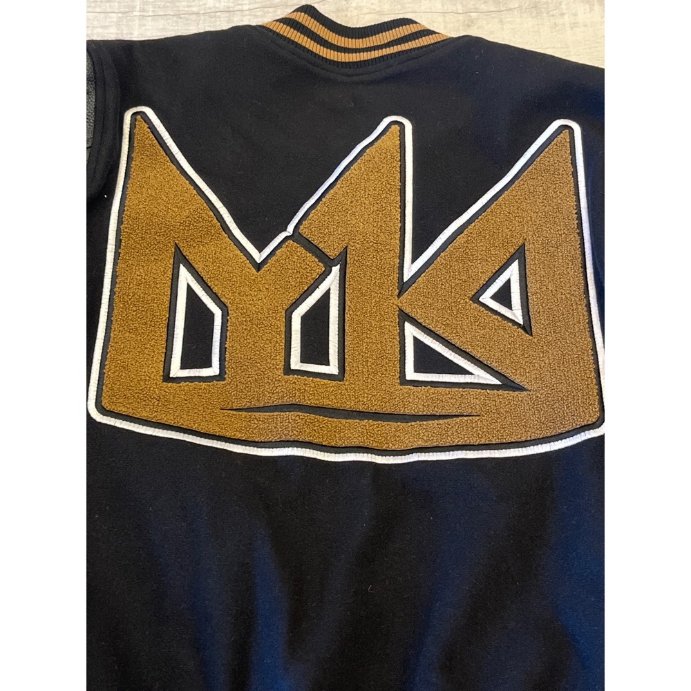 YK1K Mens Black‎ Varsity Bomber Jacket Brown Leather Sleeves Crown Patch Size M